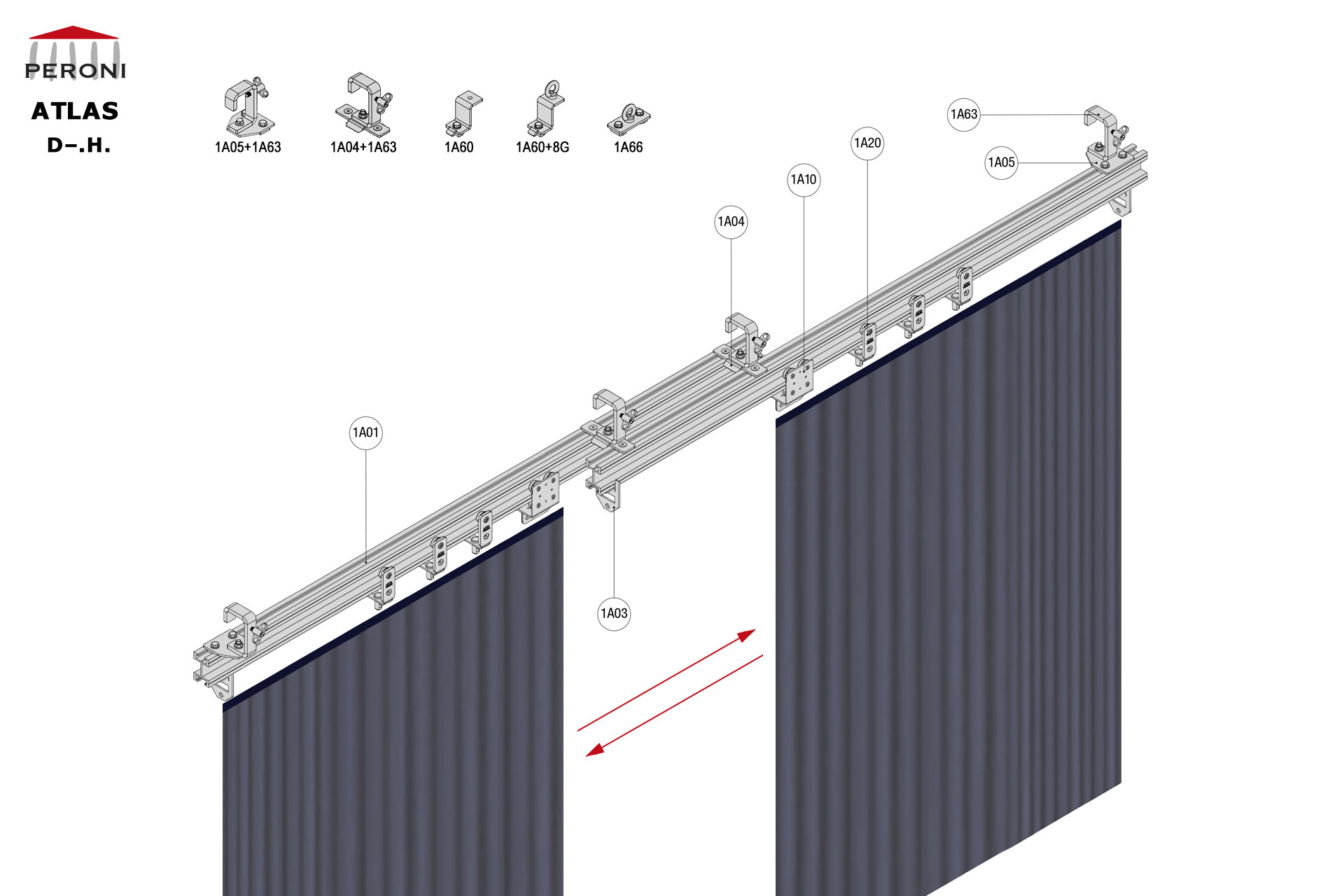 D.H. configuration track D. Straight double rail central openingH. Hand pulled uncorded walk-alongcentral overlap exceeding 50 cmComponents1A01 - Straight rail1A02 - Connection set1A03 - End stop1A04 - Overlap bridge1A05 - Offset fixing plate1A10 - Master carrier for walk along1A15 - Overlap arm1A20 - 2 Wheel runner