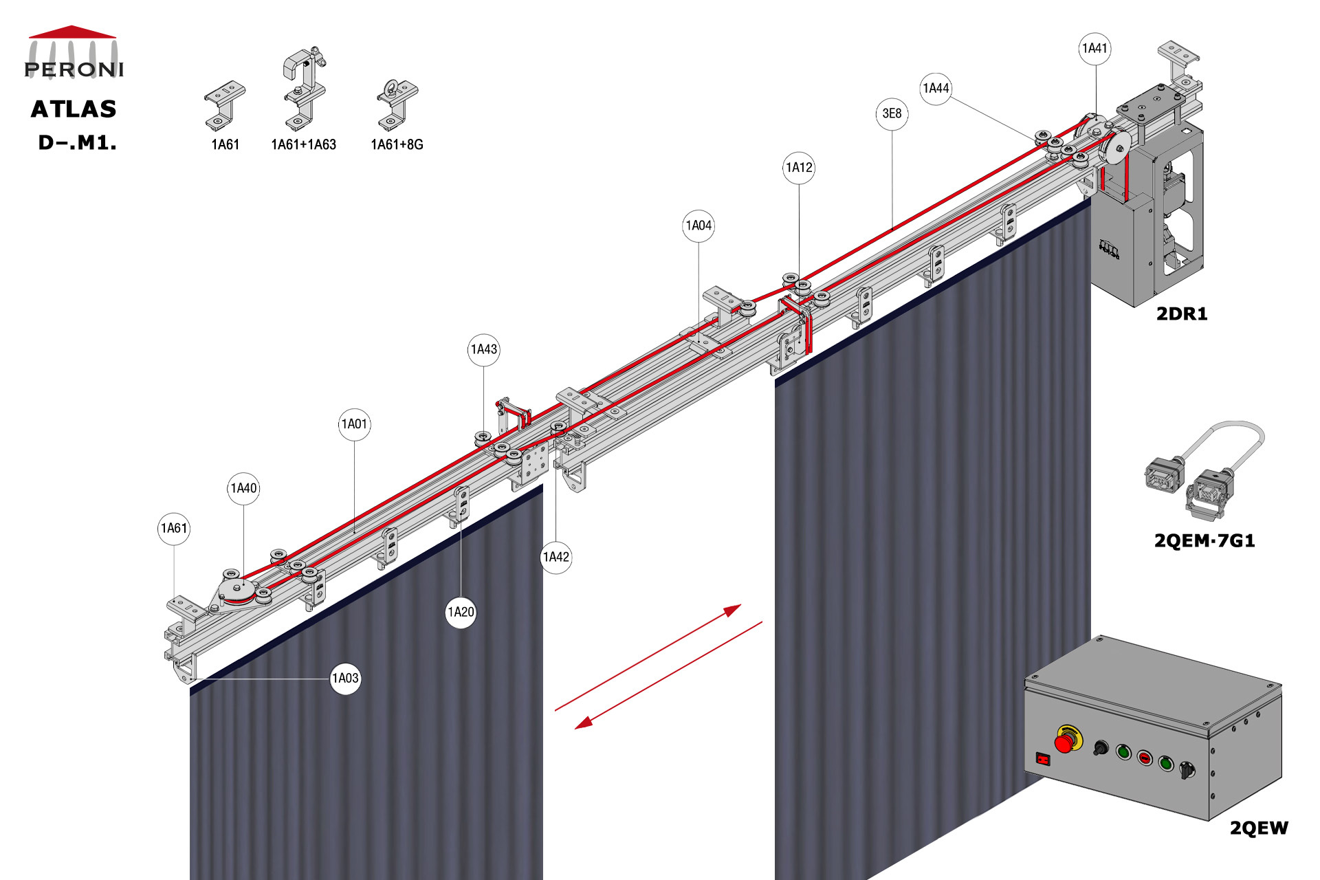 D.M1. configuration track D. Straight double rail central openingM1. Motorizedcentral overlap exceeding 50 cmComponents1A01 - Straight rail1A02 - Connection set1A03 - End stop1A04 - Overlap bridge1A12 - Top cord master carrier1A20 - 2 Wheel runnerMotion control1A40 - Return pulley1A41 - Head double pulley1A42 - Top cord guide for overlap1A43 - Top cord guide1A44 - Top cord aligner1A70 - Top cord limit switch with pulley1A71 - Top cord limit switch arm1A72 - Cord guide for limit switch2DR1-RDS2QEM-7G1-152QEW - W panel board 3E - Poly rope  8 mm