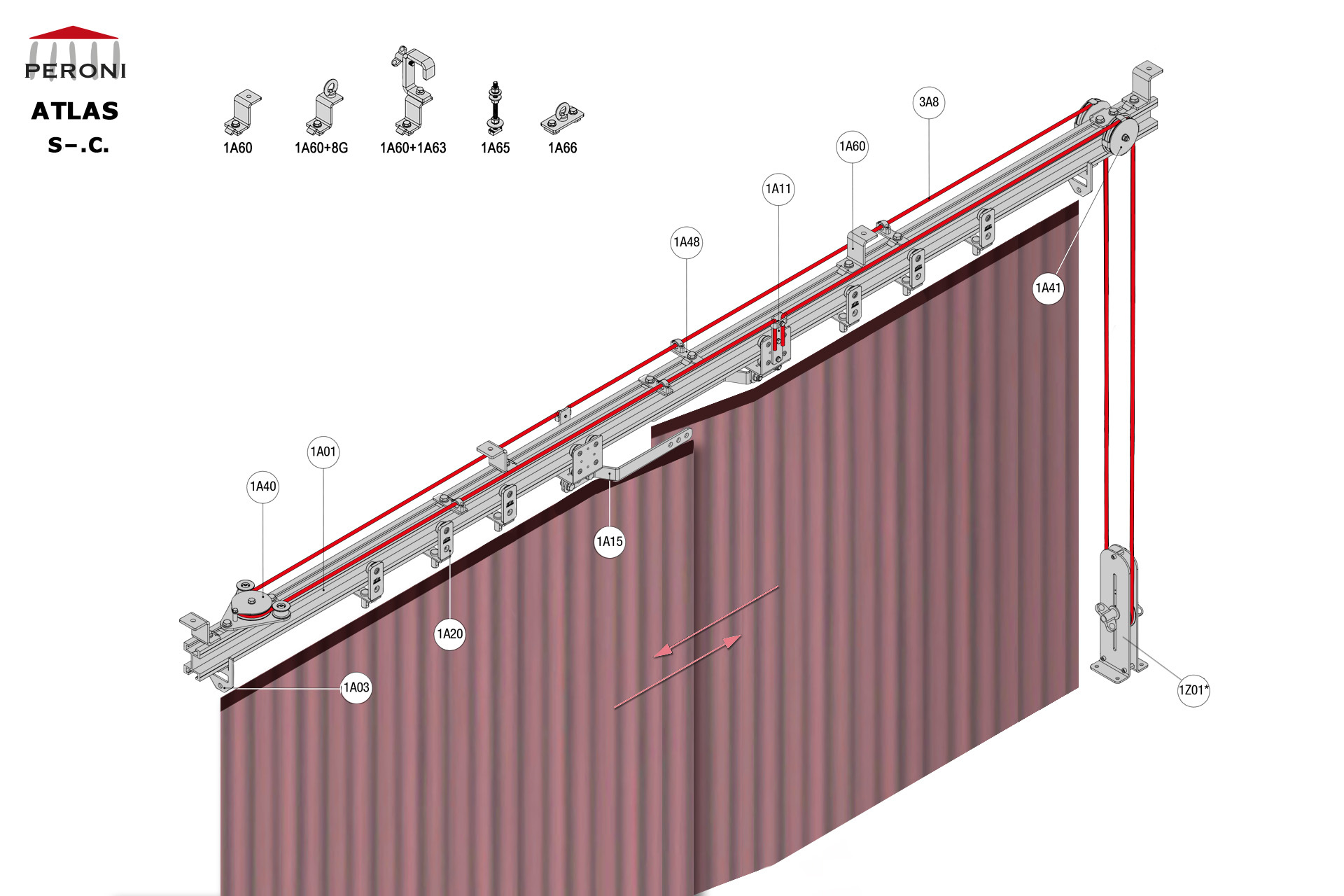 S.C. configuration track S. Straight single rail central openingC. Corded manualup to 50 cm central overlapComponents1A01 - Straight rail1A02 - Connection set1A03 - End stop1A11 - Side cord master carrier1A20 - 2 Wheel runner1A15 - Overlap armMotion control1A40 - Horizontal pulley1A41 - Head double pulley1A48 - Side cord support1Z01 - See all options3E - Poly rope  8 mm