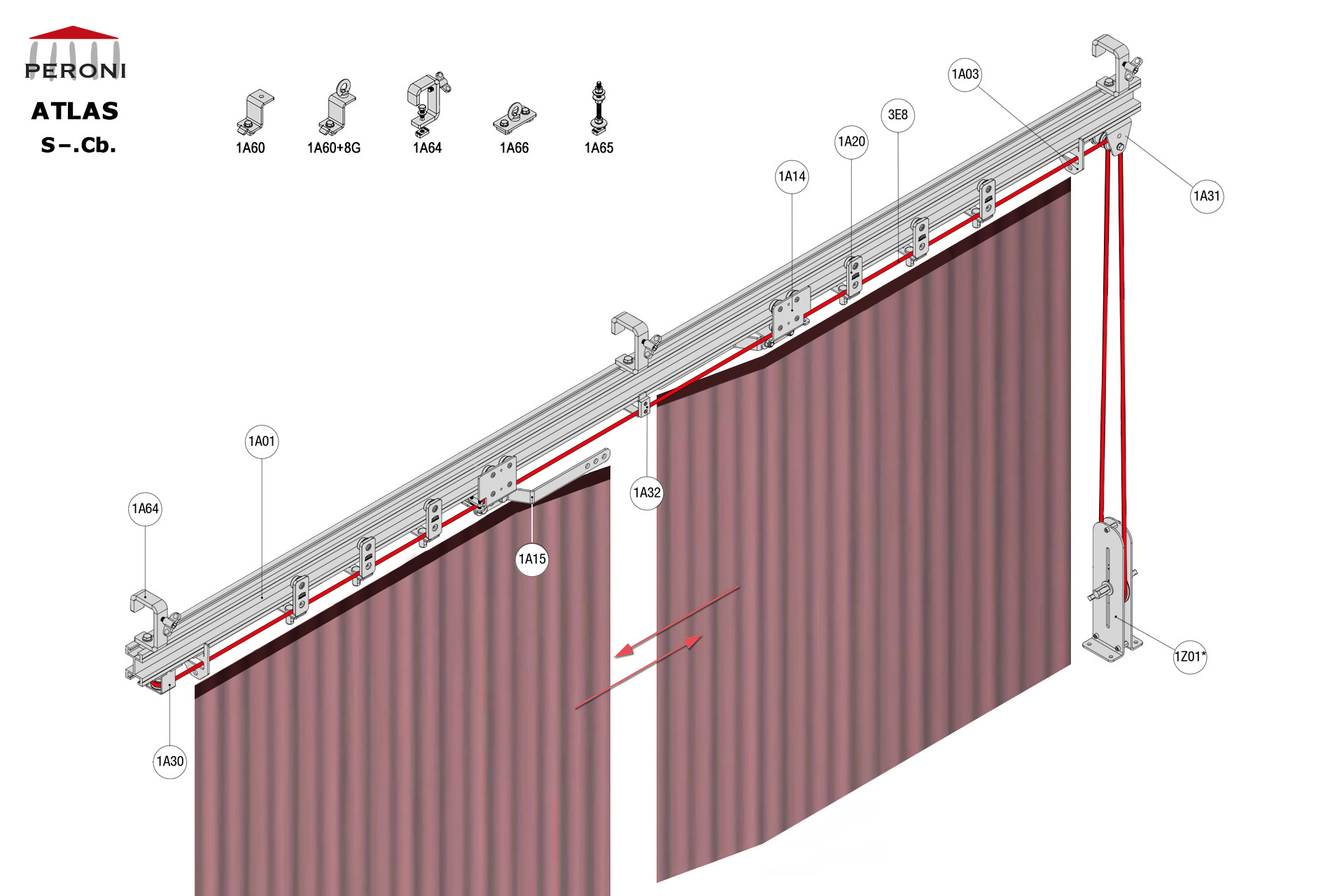 S.Cb. configuration track S. Straight single rail central openingCb. Bottom corded manualup to 50 cm central overlapComponents1A01 - Straight rail1A02 - Connection set1A03 - End stop1A14 - Bottom cord master carrier1A20 - 2 Wheel runner1A15 - Overlap armMotion control1A30 - Horizontal pulley1A31 - Head double pulley1A32 - Bottom cord support1Z01 - See all options3E - Poly rope  8 mm