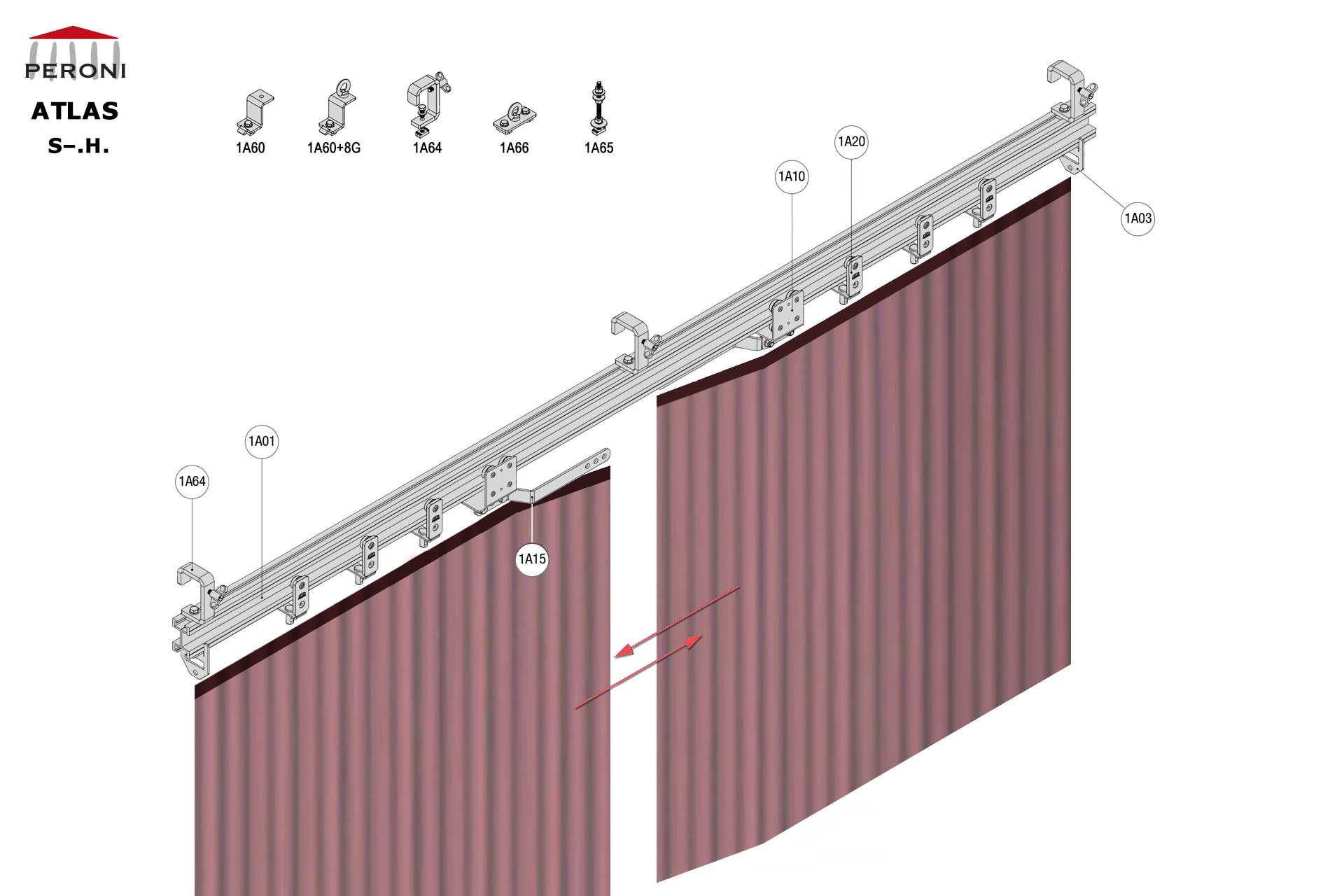 S.H. configuration track S. Straight single rail central openingH. Hand pulled uncorded walk-alongup to 50 cm central overlapComponents1A01 - Straight rail1A02 - Connection set1A03 - End stop1A10 - Master carrier for walk along1A20 - 2 Wheel runner1A15 - Overlap arm