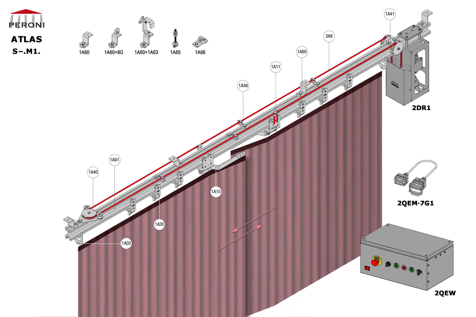 S.M1. configuration track S. Straight single rail central openingM1. Motorizedup to 50 cm central overlapComponents1A01 - Straight rail1A02 - Connection set1A03 - End stop1A11 - Side cord master carrier1A20 - 2 Wheel runner1A15 - Overlap armMotion control1A40 - Horizontal pulley1A41 - Head double pulley1A48 - Side cord support1A71 - Side cord limit switch arm1A70 - Side cord limit switch1A72 - Cord guide for limit switch2DR1-RDS2QEM-7G1-152QEW - W panel board 3E - Poly rope  8 mm