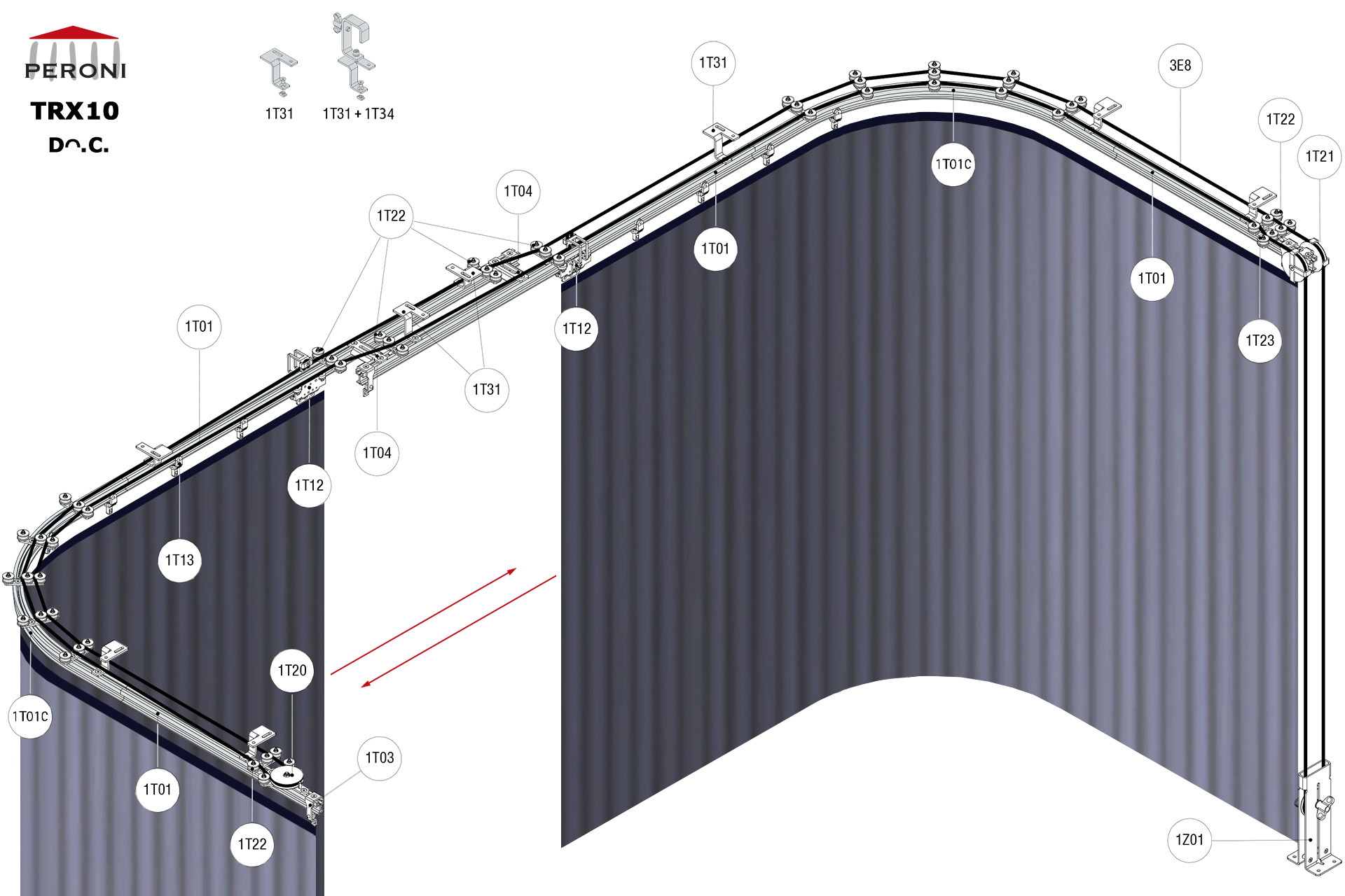 Dᴖ.C. configuration track Dᴖ. Curved double rail central openingC. Corded manualcentral overlap exceeding 50 cmComponents1T01 - Straight rail1T01C - Curved rail1T02 - Connection set1T03 - End stop1T04 - Spacer plate1T12 - Top cord master carrier1T13 - 2 wheel runnerMotion control1T20 - Return pulley1T21 - Head double pulley1T22 - Top cord guide1T23 - Top cord aligner1Z01 - See all options3E - Poly rope Ø 8 mm