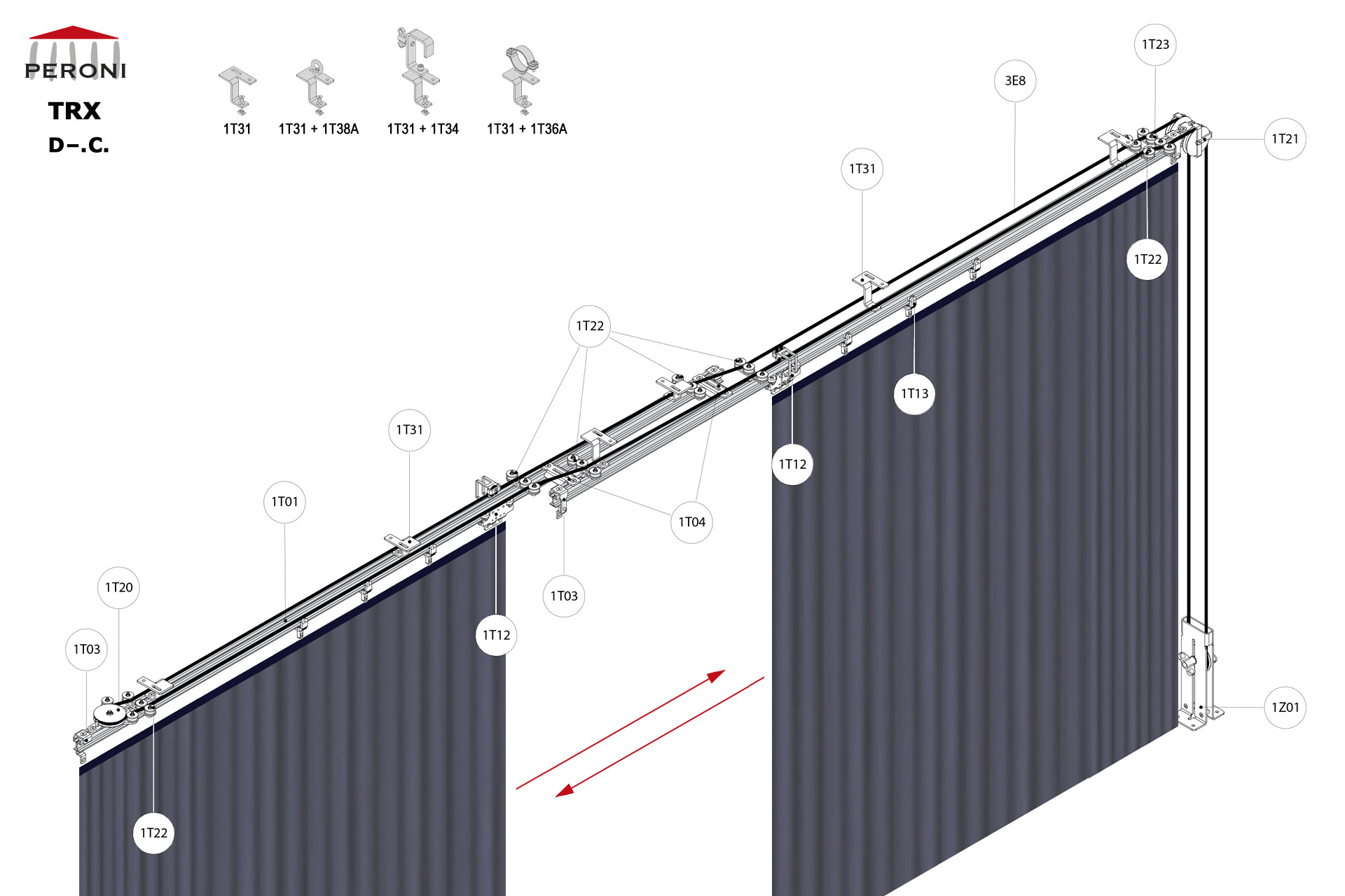 D.C. configuration track D. Straight double rail central openingC. Corded manualcentral overlap exceeding 50 cmComponents1T01 - Straight rail1T02 - Connection set1T03 - End stop1T04 - Overlap bridge1T12 - Top cord master carrier1T13 - 2 Wheel runnerMotion control1T20 - Return pulley1T21 - Head double pulley1T22 - Top cord guide1T23 - Top cord aligner1Z01 - See all options3E - Poly rope  8 mm