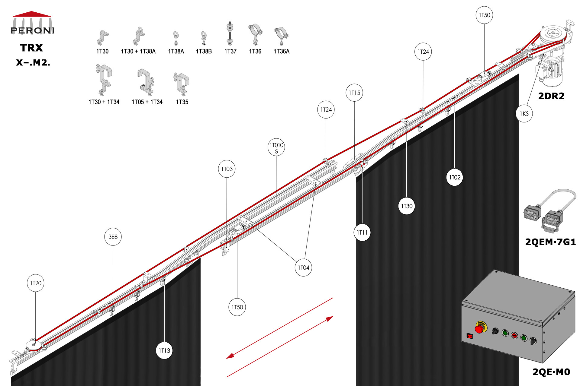 X.M2. configuration track X. Straight split single rail central op.M2. Motorized, up to 125 kg curtainup to 100 cm central overlapComponents1T01 - Straight rail1T01C-S - Curved rail for splitting1T02 - Connection set1T03 - End stop1KS - End stop1T04 - Overlap bridge1T11 - Side cord master carrier1T13 - 2 Wheel runnerMotion control1T20 - Return pulley1T24 - Side cord support1T15 - Side cord limit switch arm1T50 - Side cord limit switch2DR2-RDS2QEM-7G1-152QEW - W panel board 3E - Poly rope  8 mm