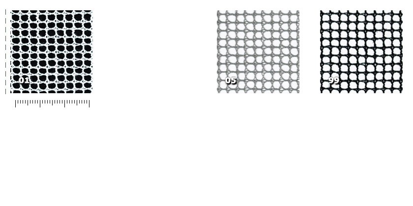 BSC - Scala01. white05. holo grey99. blackThe outlined red line identifies the position of the selvage in comparison with the mesh.