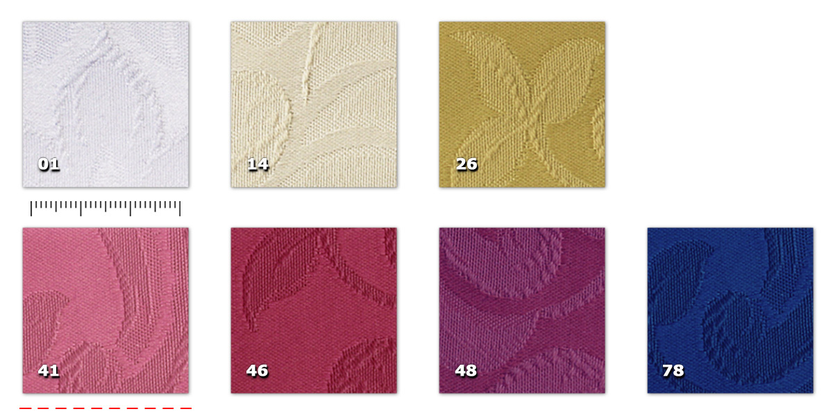 DDN - Donizetti 01. white14. beige26. yellow41. rose46. red48. burgundy78. night blue The outlined red line identifies the position of the selvage in comparison with the damask pattern.