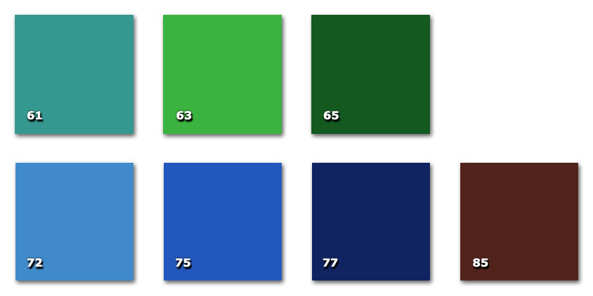 TCA - Capriccio 61. turquoise63. chroma key green65. green72. light blue75. blue77. dark blue85. brown